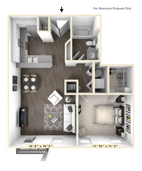 Floor plan for 1 bed, 1 bath, 711 sqft